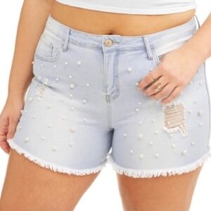 Pearl Studded Light Blue Jean Shorts